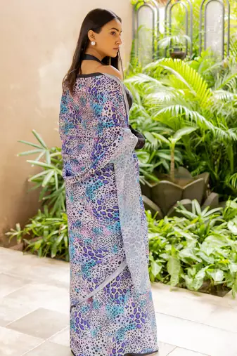 Light pink satin georgette animal print plain saree with unstitched blouse piece