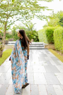 Turquoise blue satin georgette animal print plain saree with unstitched blouse piece 5