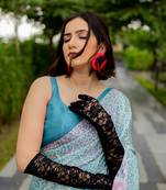 Off white satin georgette animal print plain saree with unstitched blouse piece