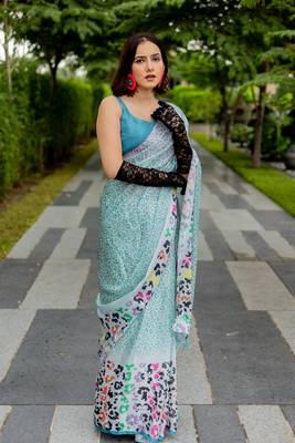 Off white satin georgette animal print plain saree with unstitched blouse piece 3