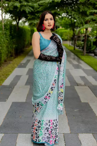 Off white satin georgette animal print plain saree with unstitched blouse piece