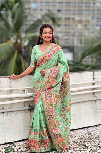 Sea green  Woven kashmiri meenakari designer pashmina silk saree with blouse piece