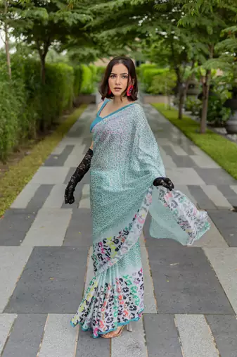Off white satin georgette animal print plain saree with unstitched blouse piece