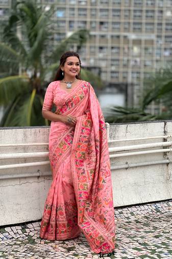 Peach  Woven kashmiri meenakari designer pashmina silk saree with blouse piece