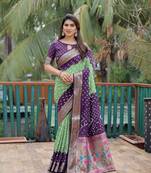 Purple Woven designer,hand bandhej printed dola silk saree with blouse piece