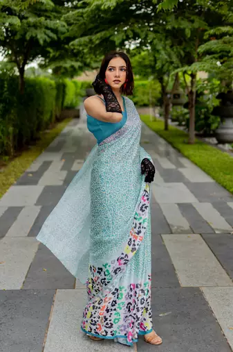 Off white satin georgette animal print plain saree with unstitched blouse piece