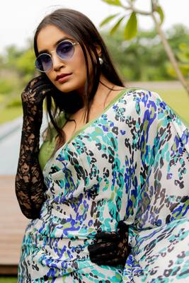 Off white satin georgette animal print plain saree with unstitched blouse piece 1