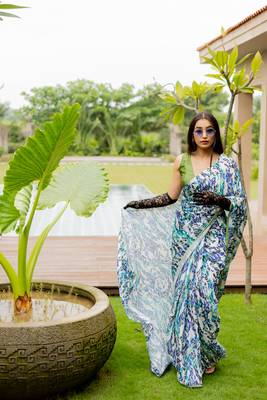 Off white satin georgette animal print plain saree with unstitched blouse piece 2