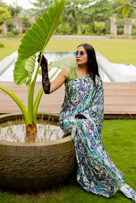 Off white satin georgette animal print plain saree with unstitched blouse piece 3