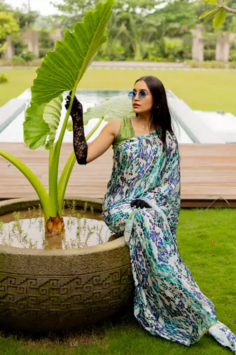 Off white satin georgette animal print plain saree with unstitched blouse piece