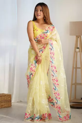 Yellow multy thread,sequance embroidery work organza saree with blouse piece