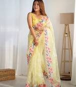Yellow multy thread,sequance embroidery work organza saree with blouse piece