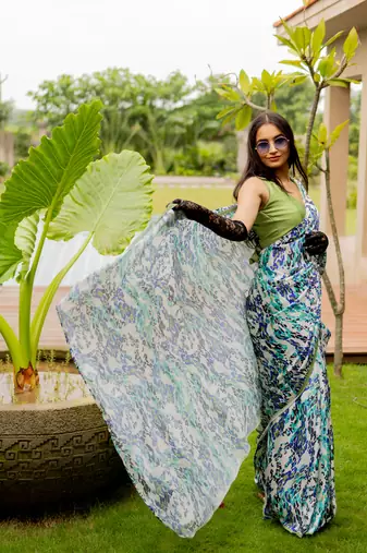 Off white satin georgette animal print plain saree with unstitched blouse piece