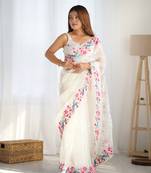 White multy thread,sequance embroidery work organza saree with blouse piece
