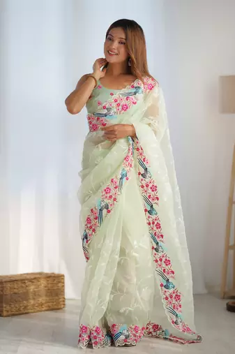 Pista multy thread,sequance embroidery work organza saree with blouse piece