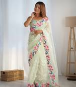 Pista multy thread,sequance embroidery work organza saree with blouse piece