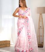 Pink multy thread,sequance embroidery work organza saree with blouse piece