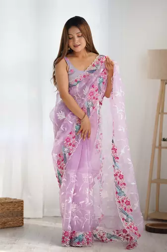 Lavender multy thread,sequance embroidery work organza saree with blouse piece