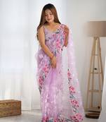 Lavender multy thread,sequance embroidery work organza saree with blouse piece