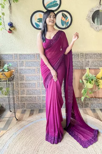 Wine designer embroidery work georgette saree with blouse piece