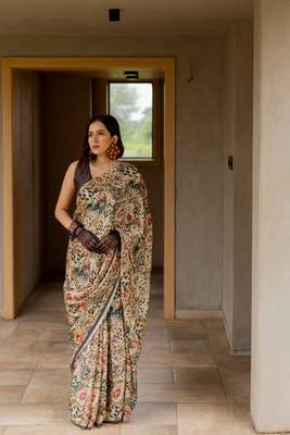 Cream satin georgette animal print floral print plain saree with unstitched blouse piece 1