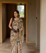 Cream satin georgette animal print floral print plain saree with unstitched blouse piece