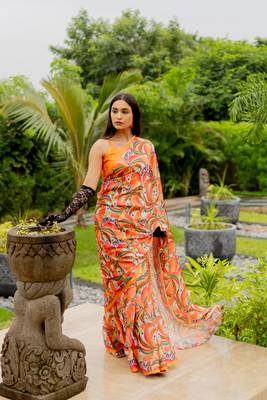 Orange satin georgette geometric print plain saree with unstitched blouse piece 1