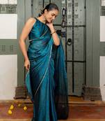 Dark turquoise chiffon bandhani print sequins lace border saree with unstitched blouse piece