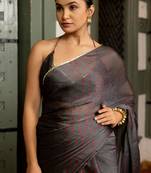 Dark grey chiffon bandhani print sequins lace border saree with unstitched blouse piece