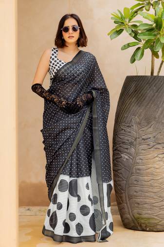 Black poly cotton polka dots print satin stripes zari border saree with unstitched blouse piece