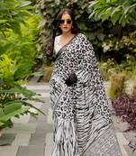 White poly cotton animal print satin stripes zari border saree with unstitched blouse piece