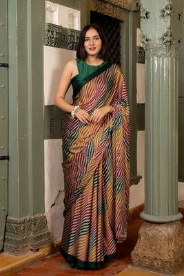 Mustard orange chiffon leheriya print plain saree with unstitched blouse piece 3
