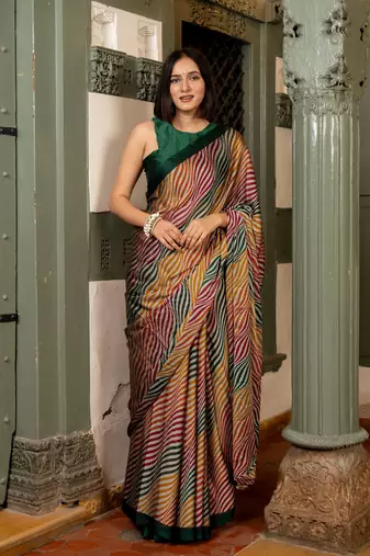 Mustard orange chiffon leheriya print plain saree with unstitched blouse piece