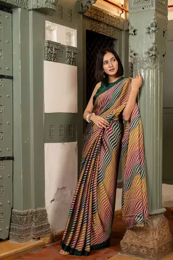 Mustard orange chiffon leheriya print plain saree with unstitched blouse piece