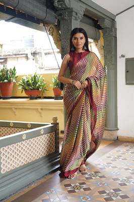 Multicolor chiffon leheriya print plain saree with unstitched blouse piece 1