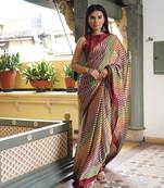 Multicolor chiffon leheriya print plain saree with unstitched blouse piece