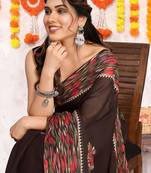 Coffee brown chiffon floral print foil print printed tassels saree with unstitched blouse piece