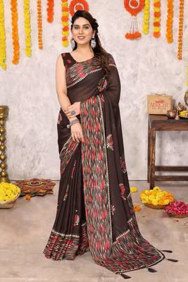 Coffee brown chiffon floral print foil print printed tassels saree with unstitched blouse piece 2