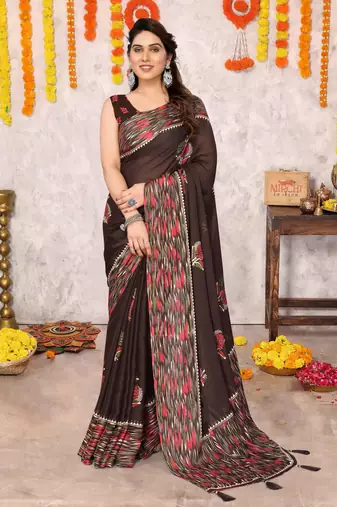 Coffee brown chiffon floral print foil print printed tassels saree with unstitched blouse piece
