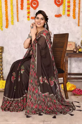 Coffee brown chiffon floral print foil print printed tassels saree with unstitched blouse piece