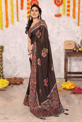 Coffee brown chiffon floral print foil print printed tassels saree with unstitched blouse piece 4