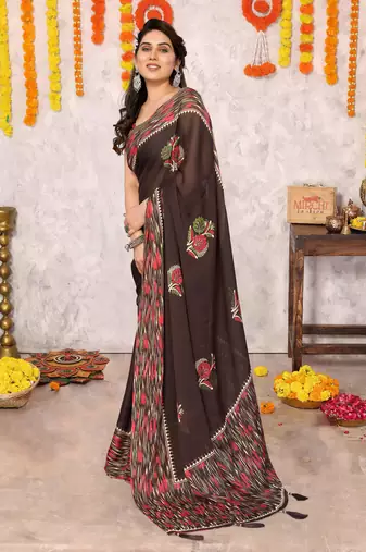 Coffee brown chiffon floral print foil print printed tassels saree with unstitched blouse piece