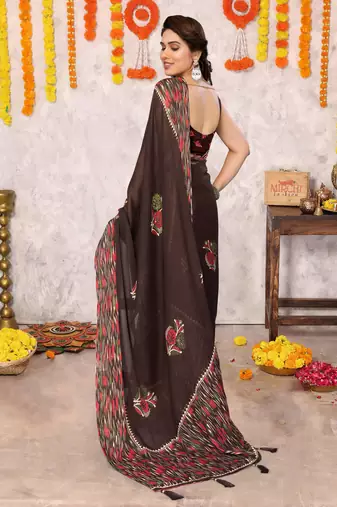 Coffee brown chiffon floral print foil print printed tassels saree with unstitched blouse piece