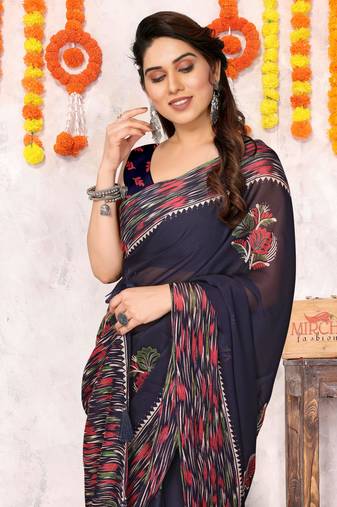 Navy blue chiffon floral print foil print printed tassels saree with unstitched blouse piece