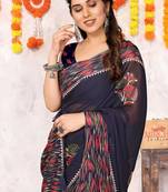 Navy blue chiffon floral print foil print printed tassels saree with unstitched blouse piece