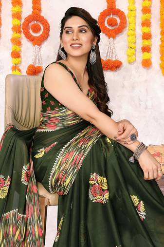 Dark mehandi green chiffon floral print foil print printed tassels saree with unstitched blouse piece