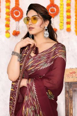 Maroon chiffon floral print foil print printed tassels saree with unstitched blouse piece 1