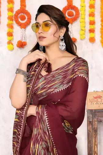 Maroon chiffon floral print foil print printed tassels saree with unstitched blouse piece