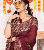 Maroon chiffon floral print foil print printed tassels saree with unstitched blouse piece