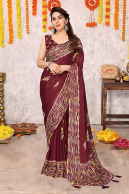Maroon chiffon floral print foil print printed tassels saree with unstitched blouse piece 2